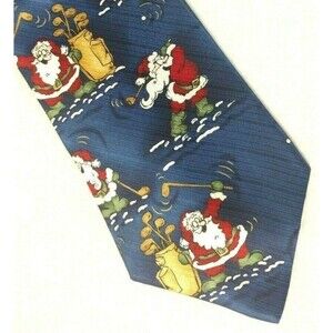 Noel Santa Playing Golf 100% Silk Neck Tie Blue Christmas Novelty Holiday A063
